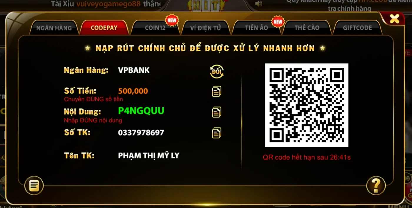 Giao dịch nạp tiền Hit Club qua Code Pay