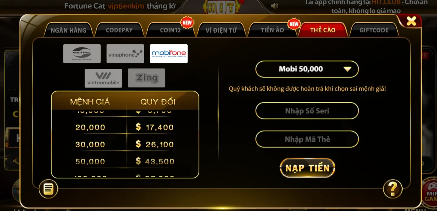 Nạp tiền vào cổng game Hit Club qua hình thức thẻ cào 